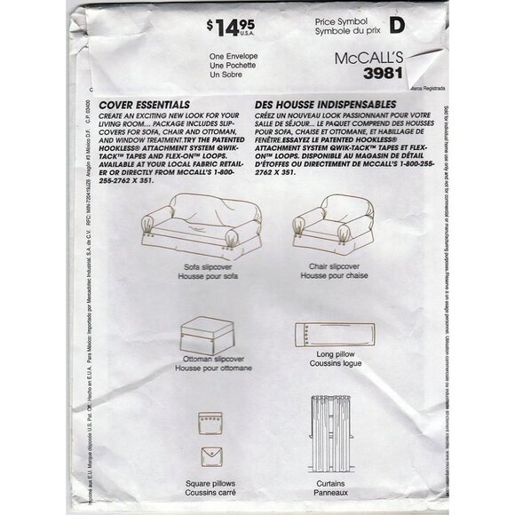 McCalls Sewing Pattern 3981 sofa chair ottoman cover pillow covers curtains - Picture 2 of 2